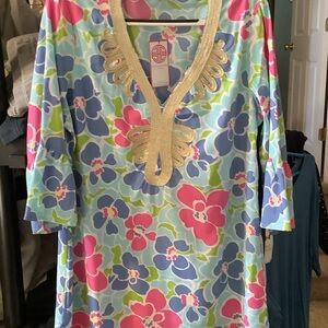 Vibrant Floral Swim Coverup with Gold Trim